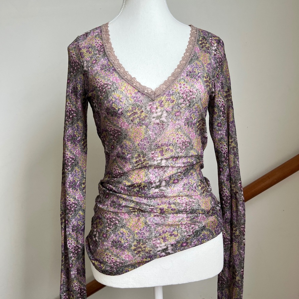 Y2K BKE Top Purple Floral Mesh Sheer Lace Trim V-Neck Long Sleeve Fairycore